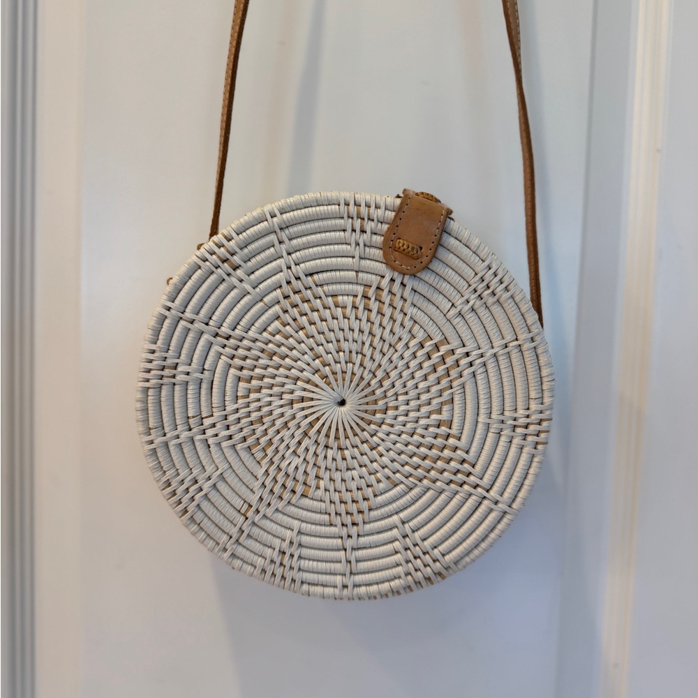 Cream Woven Round Crossbody Bag with Tan Strap